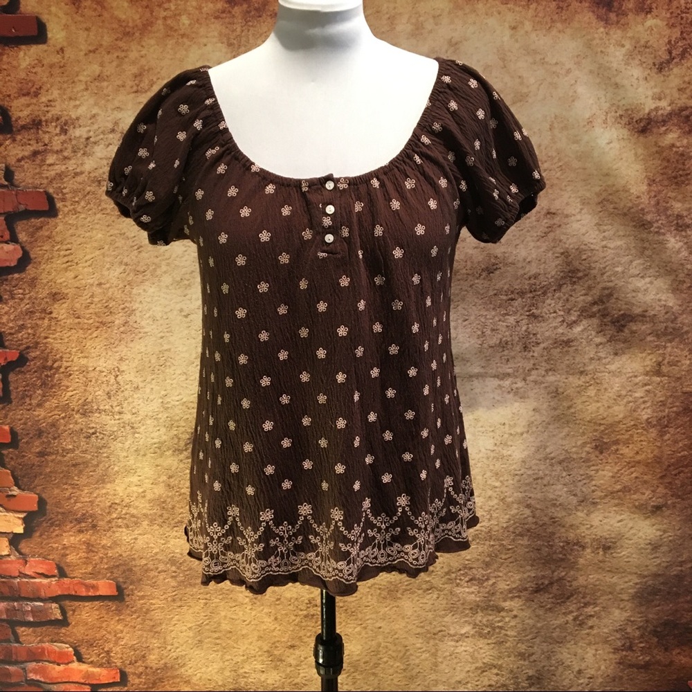 Brown & Pink Peasant Blouse | EUC | SZ 14(?)